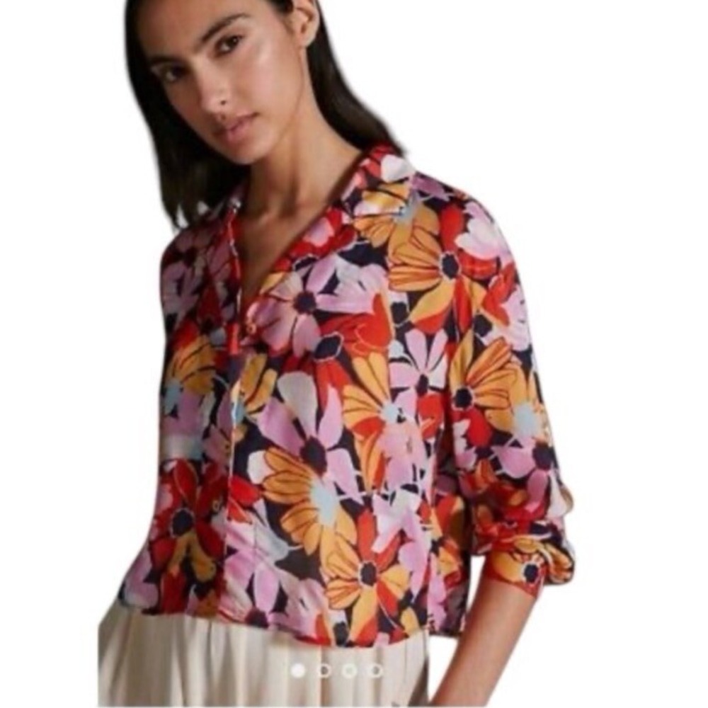 Maeve Anthropologie Floral Cropped Printed Button Up Shirt Bright Size X‎ Small